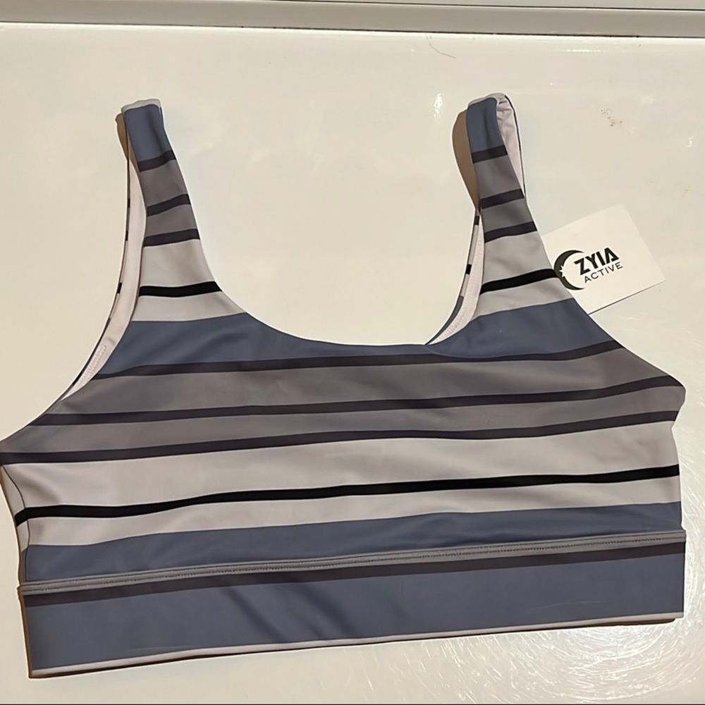 Blue and Gray Striped Sports Bra with Scoop Neck and Supportive Band